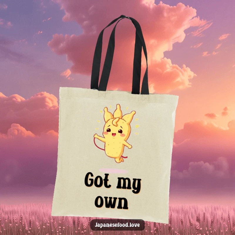 Funny tote bag with a beaming tempura piece energetically jumping rope with its strand, perfect for carrying essentials with humor.