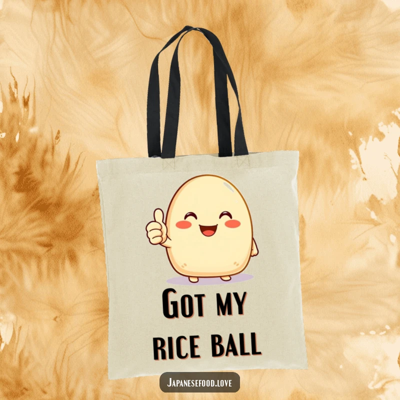 Funny onigiri tote bag with a joyous rice ball character giving a cheerful thumbs up, perfect for carrying items with positivity.