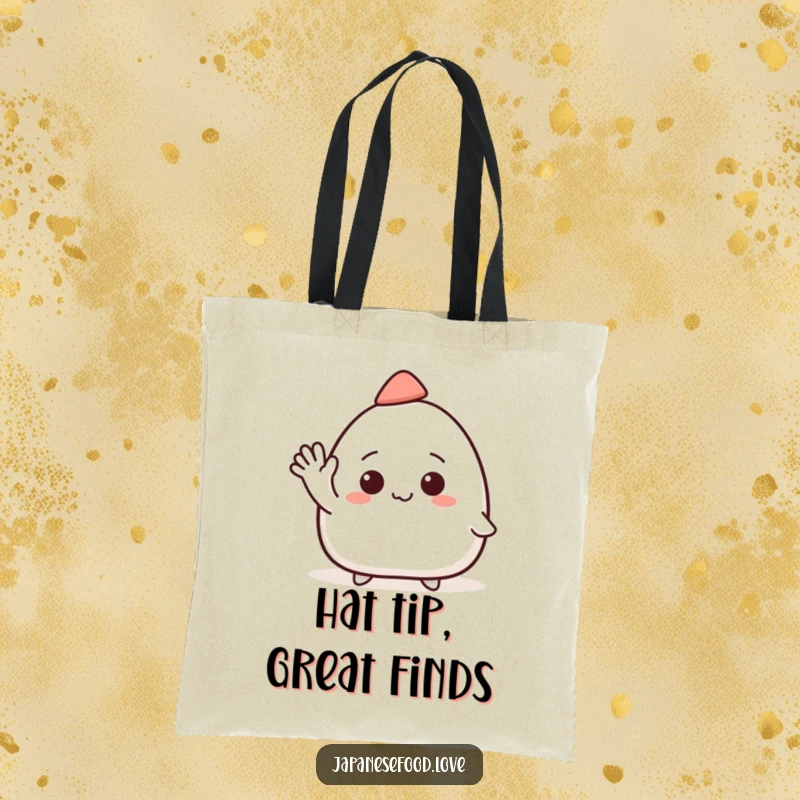 Funny tote bag with a smiling onigiri character wearing a small hat and waving enthusiastically, a cute accessory.