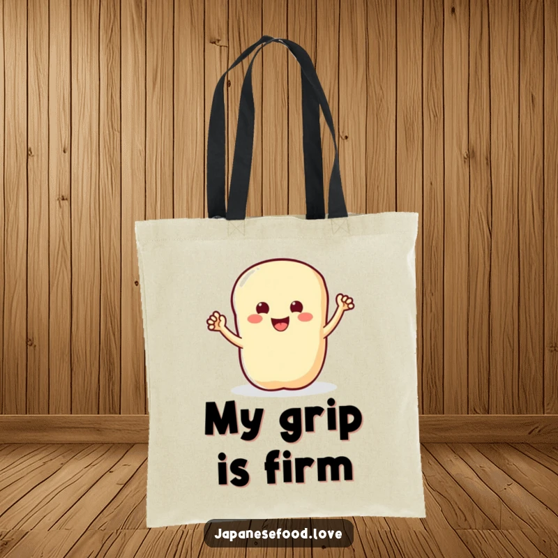 Funny tote bag showcasing a smiling tempura piece enthusiastically waving its tiny arms, a delightful accessory.