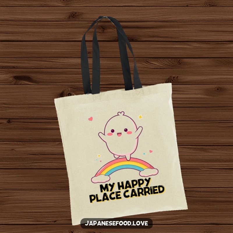 Funny mochi character dancing happily on a vibrant rainbow, a functional and humorous tote bag.