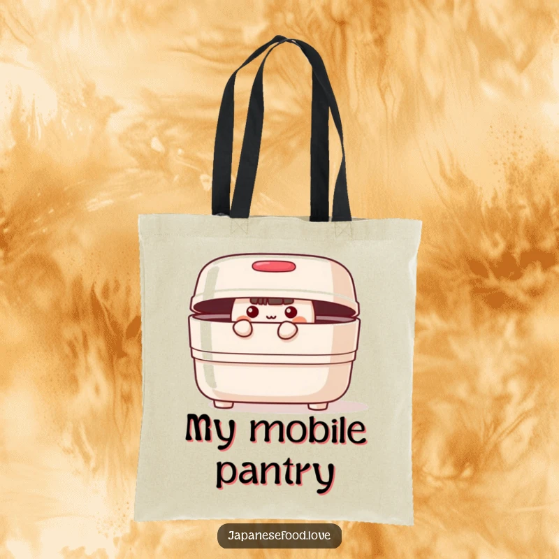 Funny cheerful bento box with lid slightly ajar, peeking curiously on a tote bag, a charming and humorous accessory.