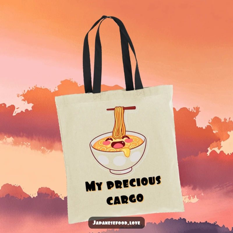 Funny tote bag showcasing a joyful ramen bowl with a smiley face, caught in a happy bouncing motion.