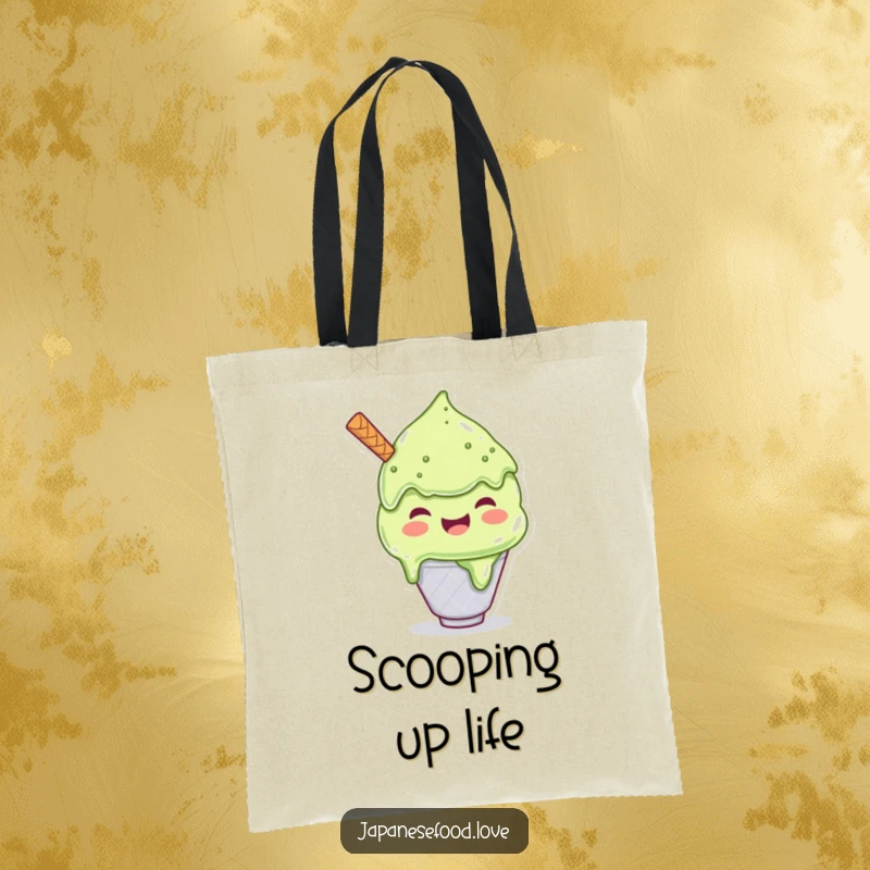 Funny tote bag illustrating a joyful matcha ice cream character scooping a huge serving, perfect for shopping or daily use.